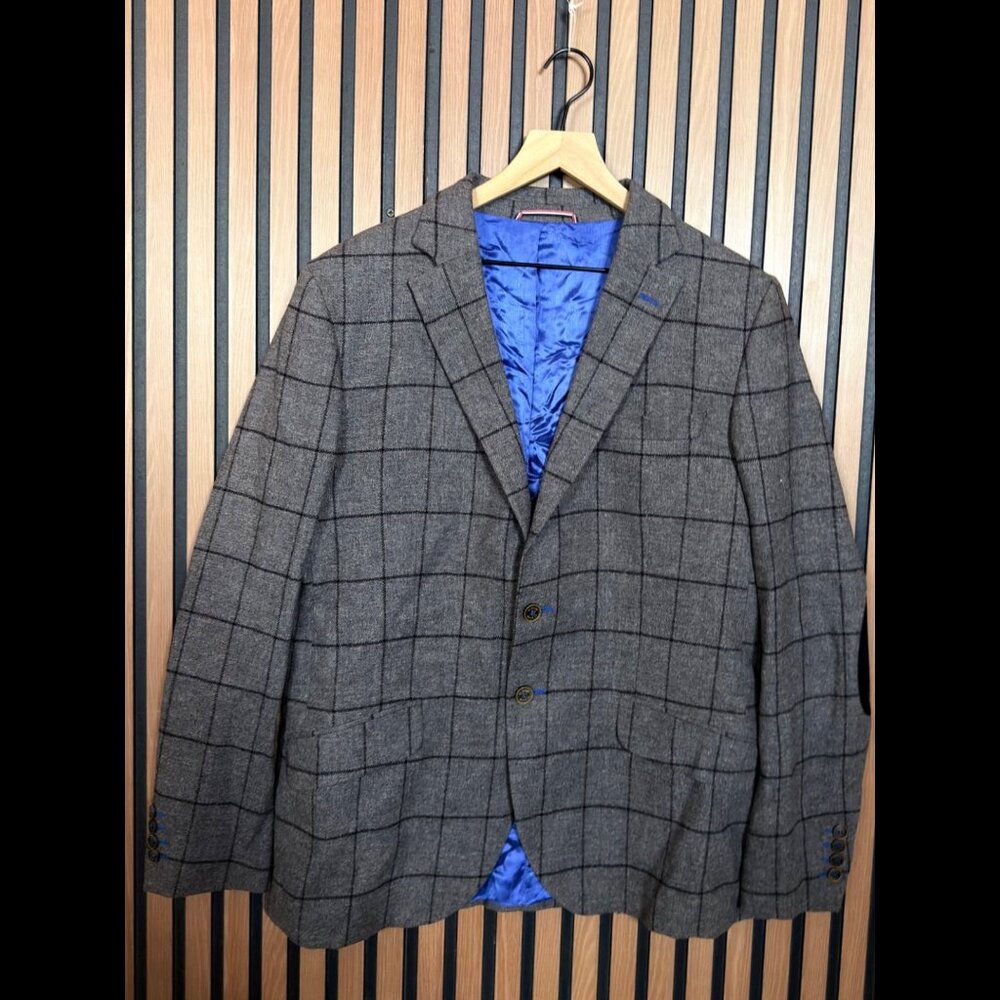 El Ganso Suit Jacket EU 54 Men’s Gray Check Plaid Elbow Patch 100% Wool Blue Lin